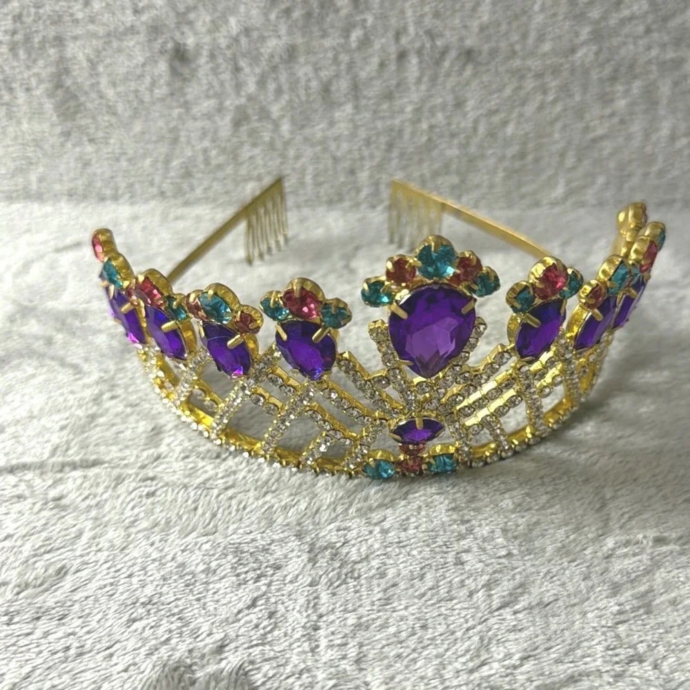 Tiara Crown Metal Women Gold Purple Teal Rhinestone Pageant‎ Regal Birthday NOLA